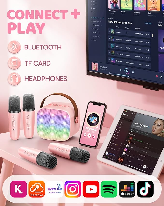 Upgraded Mini Karaoke Machine with 4 Wireless Microphones Toy for Kids, 2026 Top Birthday Gifts for Girls Boys, Portable MP3 Player for Ages 3, 4, 5, 6, 7, 8, 9, 10, 11, 12+ Year Old Party (P-Ink)