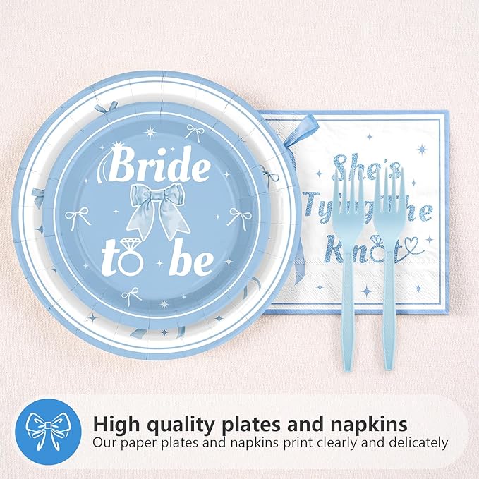 Grencian 96 Pcs Blue Bow Bridal Shower Decorations Blue Bow Bride to Be Party Plates She Tying The Knot Paper Tableware for Bride Groom Bachelorette Party Wedding Engagement Decorations Serves 24
