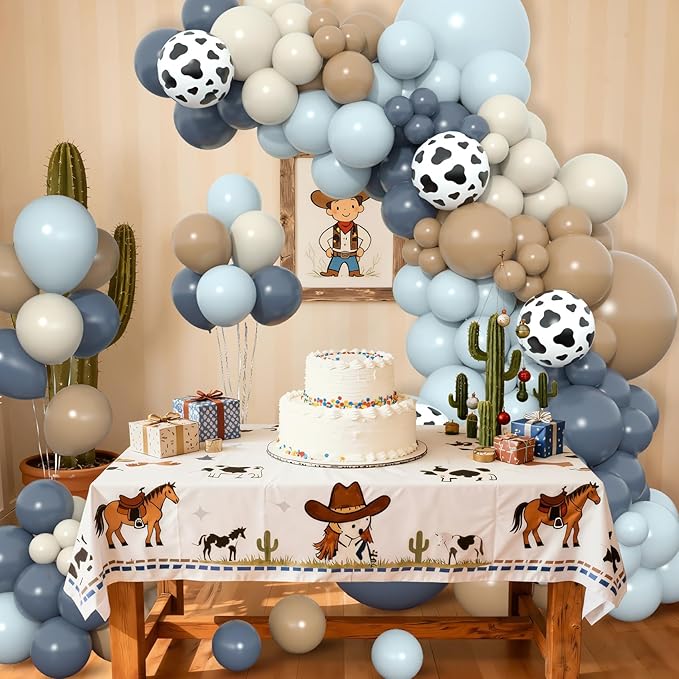 Amandir 153pcs Cowboy Balloon Arch Garland Kit, Different Sizes 18 12 10 5inch Dusty Blue Brown Sand White Cow Print Balloons for Cowboy Shower Rodeo Farm Western Theme Birthday Party Decoration