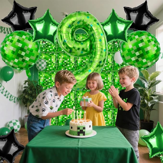40 Inch Green Pixel Themed Number 9 Balloon Set Foil Balloon for Girls & Boys Birthday Party Decorations, Party Supplies & Favors (Number 9)