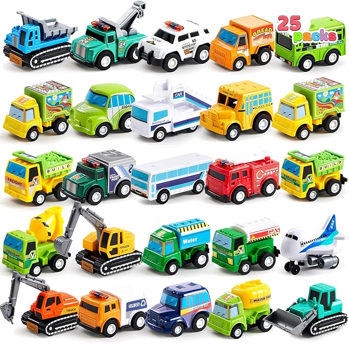 JOYIN 25 Pieces Pull Back Cars and Trucks Toy Vehicles Set for Toddlers, Girls and Boys Kids Play Set, Party Favors, School Gifts, Goodie Bags Stuffers for Kids, Easter Basket