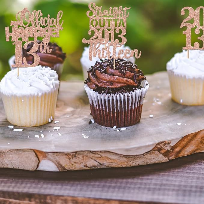 30PCS 13th Birthday Cupcake Toppers Glitter Thirteen Happy 13 Straight Outta 2013 Cupcake Picks for Cheers to 13 Years 13th Birthday Anniversary Party Decorations Supplies Rose Gold