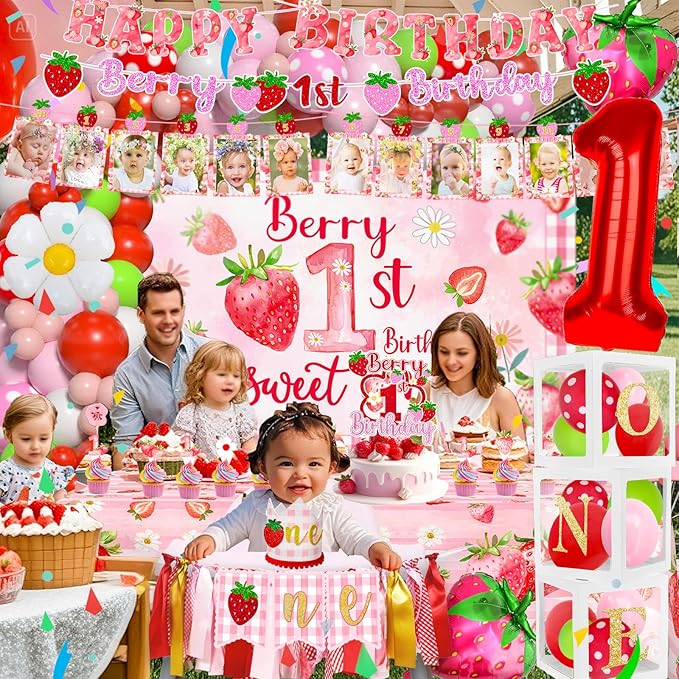 Strawberry first Birthday Decorations for Girls Berry Sweet One Strawberry 1st Birthday Decor Party Supplies include Photo Banner Highchair Banner Crown Balloon Boxes Backdrop Tableware Set