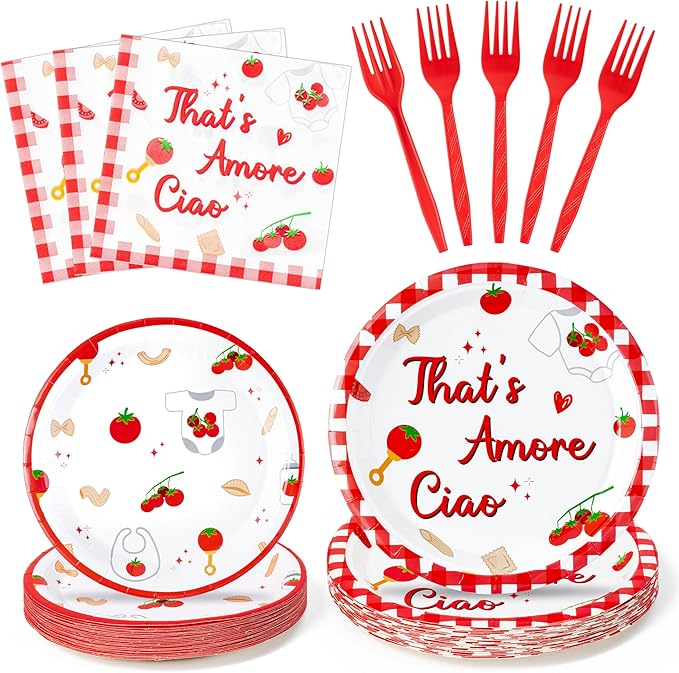 Haooryx Baby Pasta Noodle Party Tableware - 96Pcs Red Tomato Italian Noodle Baby Print Decor Disposable Paper Plates Napkins Plastic Forks for Baby Shower Boys Girls Birthday Party Table Decor Supply