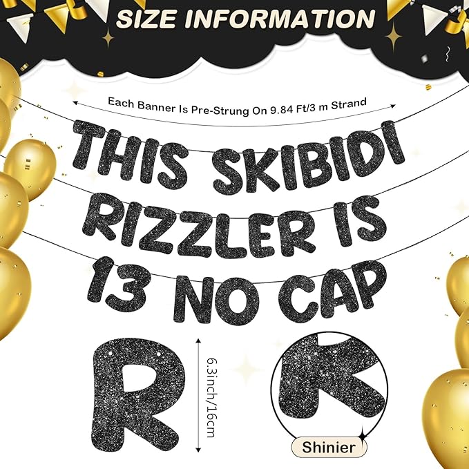 Fulmoon Pre Strung This Skibidi Rizzler Is 13 No Cap Glitter Banner 13th Birthday Party Decorations, Funny Birthday Sign, Party Supplies, Ideas, Gifts (Black)