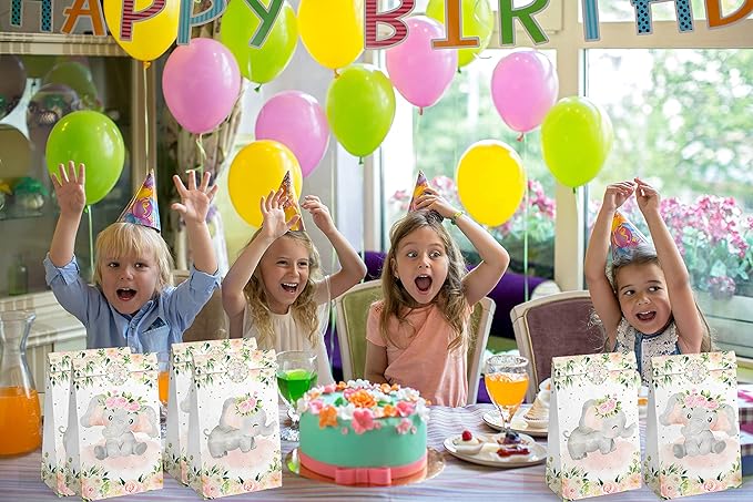 24 PCS Elephant Girl Party Favor Bags with Stickers - Elephant Girl Party Candy Bags – Pink Elephant Goodie Gift Treat Bags Pink Elephant Themed Birthday Party Supplies