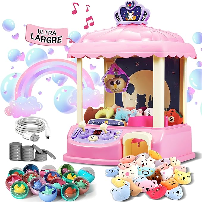 Kids Claw Machine Arcade Toy for Girls Ages 8 to 13 Mini Prize Grabber Candy Dispenser with LED Lights Adjustable Volume USB Powered or Battery Operated Birthday Gift for Kids
