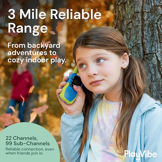 Playvibe Walkie Talkies for Kids 2 Pack - Long Range 2 Way Radio Toy for 3-12 Year Old Boys & Girls, 22 Channels with Flashlight, Outdoor Camping & Hiking Gear, Gender Neutral Christmas Birthday Gifts