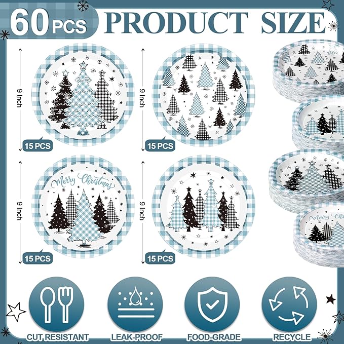 60 Pcs Blue Christmas Paper Plates 9 Inch Xmas Buffalo Plaid Gingham Tree Snowflake Disposable Plates Merry Christmas Tree Themed Tableware for Holiday Xmas Winter Party Decorations Supplies