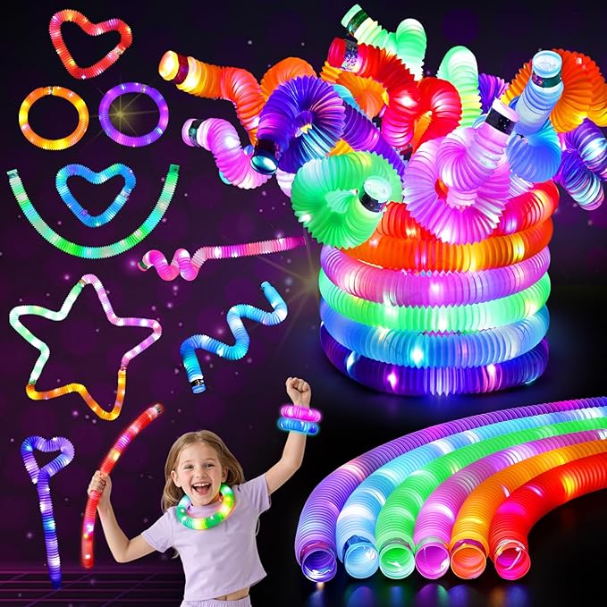 LovesTown 24PCS Light Up Glow Sticks Pop Tubes for Easter Basket Stuffers, Glow in the Dark Party Favor Supplies for Kids Supplies, Light Up Necklace Bracelet Accessories for Boys Girls Birthday