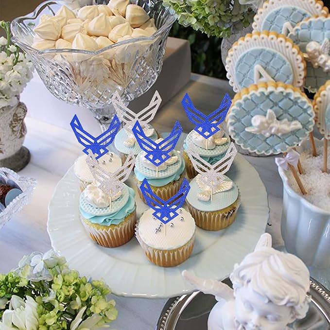 24 Pack Emblem Cupcake Toppers Glitter Army Navy Air Force Cupcake Picks for Congrats Retirement Army Military Theme Birthday Cake Decorations Party Supplies Blue Silver