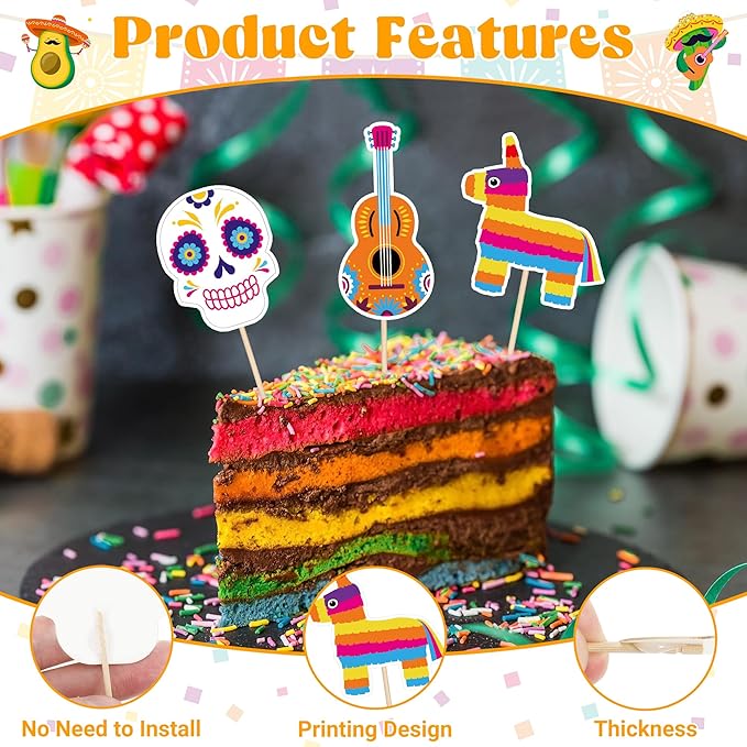 24 PCS Cinco De Mayo Decorations, 12 Style Fiesta Cake Toppers, Cocktail Guitar Chili Design Cinco De Mayo Cupcake Toppers Mexican Toothpicks, Taco Party Decorations Mexican Decor for Fiesta Party