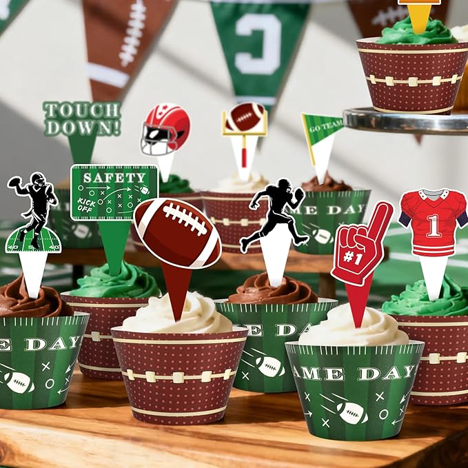 48 Pack Football Cupcake Toppers and Wrappers, Football Rugby Go Team Cake Decoration for Football Theme Birthday Party Sports Game Day Party Supplies