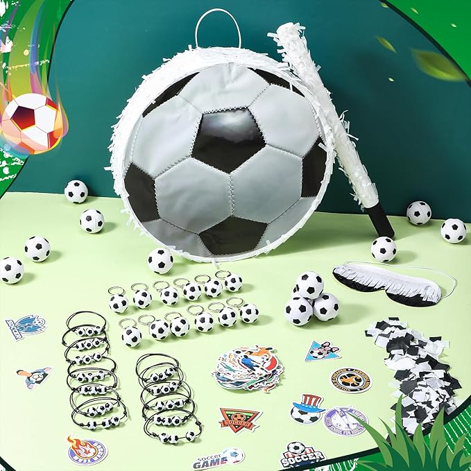 1 Ball Piñata Set with Blindfold, Baton and Paper Scrap, Stickers, Keychains, Bracelets, Mini Balls for Birthday Decoration Sport Themed Party Supplies(Soccer)
