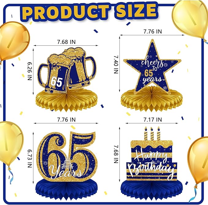 Spakon 8 Pieces Blue Gold 65th Birthday Table Decoration 65th Birthday Honeycomb Centerpieces Glitter Table Toppers Blue Gold Party Decoration for Men and Women Party Supplies