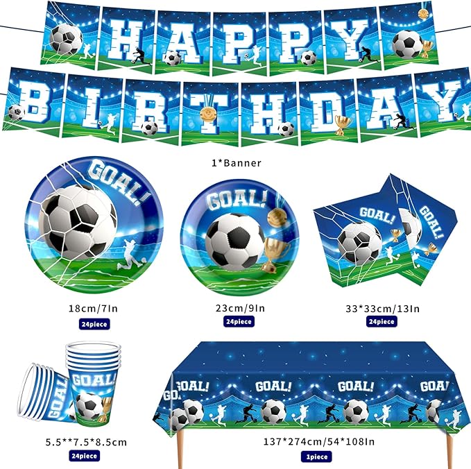 Soccer Birthday Party Decorations Set Includes Dinner Plates, Napkins, Cups, Banner and Tablecloth for Soccer Sports Theme Birthday Decorations, Serve 24
