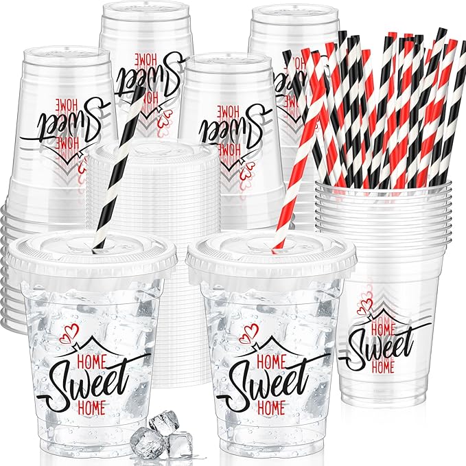 Domensi 50 Sets House Warming Party Supplies Plastic Cup 12 oz Home Sweet Thick Clear Cup Lids Straws Decoration for Welcome Home New House Decoration Supplies