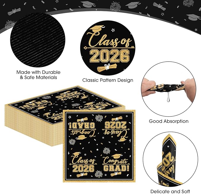 50 Pcs Graduation Napkins Class of 2026 - Black Gold Congrats Grad Napkins Set, 3-Ply Disposable Graduation Luncheon Dinner Party Paper Napkins for Graduations Party Supplies Table Decoration