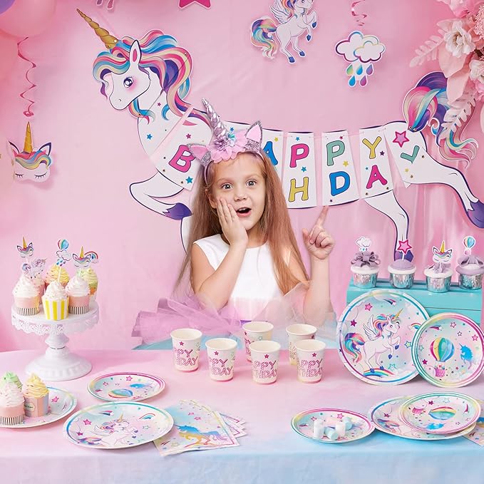 WERNNSAI Unicorn Party Plates and Napkins - 48 PCS Rainbow Unicorn Party Supplies for Girls Disposable Dinner Dessert Plates Napkins Tableware Set Serves 16 Guests