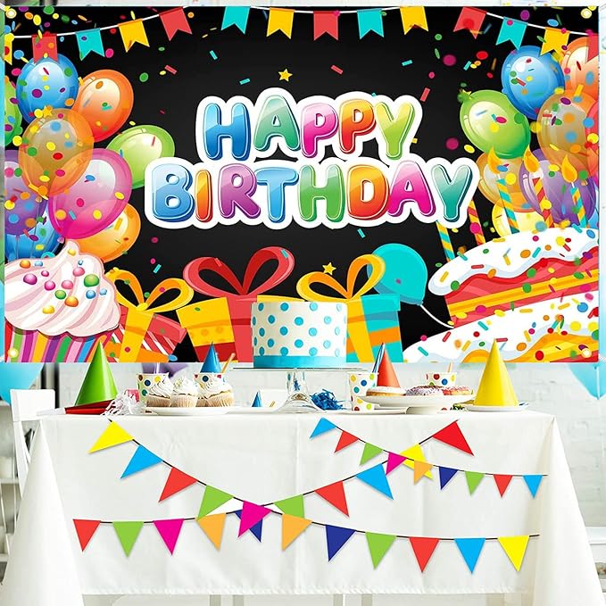 Balloon Cake Birthday Party Backdrop Black Colorful Happy Birthday Banner Balloon Cake Photography Background for Home Decorations Party Supplies 70.8 x 47.2 Inch