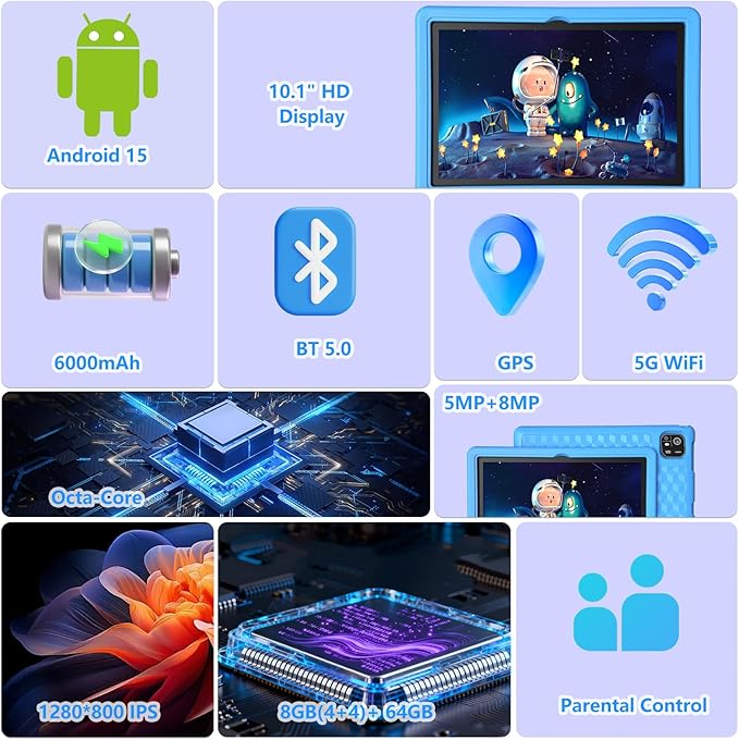 2025 Latest 10.1 inch Kids Tablet Android 15 Tablets for Kids with EVA Protective Case 8GB RAM 64GB Storage Toddler Tablet, Parental Controls, 12-hr Battery, WiFi, GPS, Blue