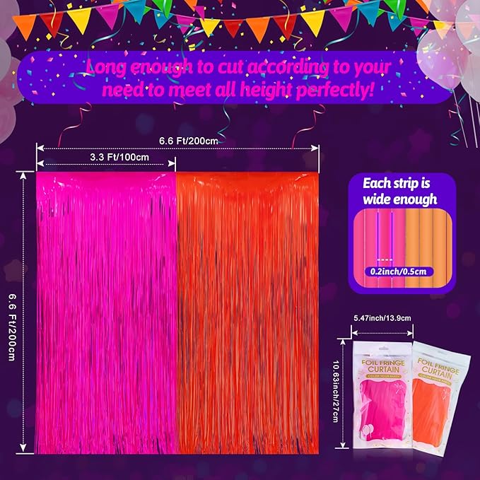 Glow in The Dark Party Supplies 2 Pack Neon Party Decorations Fluorescent Tinsel Foil Fringe Curtains Photo Booth Prop Backdrop Streamer Blacklight Decorations (Neon Hot Pink+Neon Orange)