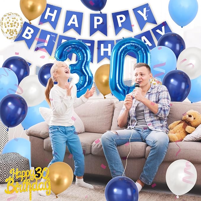 30th Birthday Decorations, Dark Happy Birthday Party Decorations With Number 30 Balloons Metallic Gold Pearl White Light Blue Fringe Curtain Banner Cake Topper For Man Woman Party Supplies