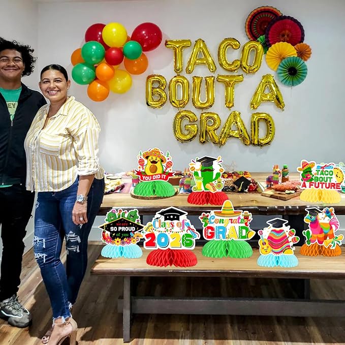 JOYMEMO 8 Pieces Mexican Graduation Honeycomb Centerpieces, Fiesta Graduation Party Decorations 2026, Taco Bout A Future Table Toppers for Congrats Grad Class of 2026 Party Supplies
