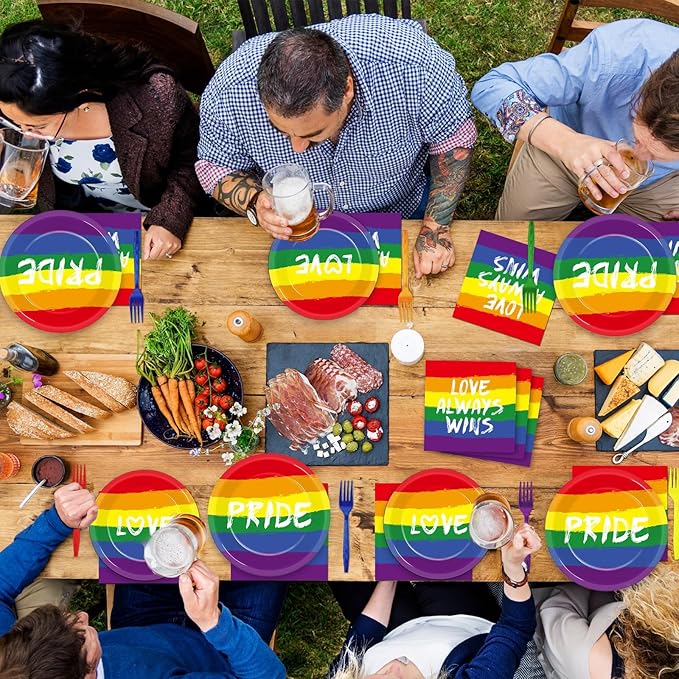 ZOIIWA 96PCS Pride Party Decorations Tableware Set Rainbow Party Supplies for 24 Guests Disposable LGBT Dinnerware Plates Napkins Forks for Rainbow Gay Pride Theme Favors