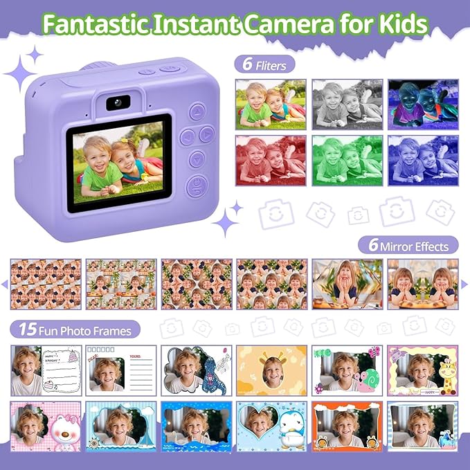 Kids Camera Instant Print, Christmas Birthday Gifts for Kids Age 3-12, Selfie Digital Camera with 1080P Videos,Toddler Portable Travel Camera Toy for 4 5 6 7 8 9 Year Old Boys (Purple)