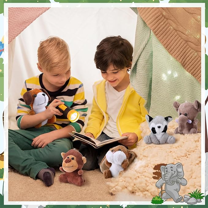 Skylety 12pcs Mini Safari Stuff Animal 3.9 Inch Cute Jungle Stuffed Animal Lion Rabbit Owl Hedgehog Monkey Tiger Zebra Elephant Leopard Hippopotamus Rhinoceros for Easter Holiday Gifts