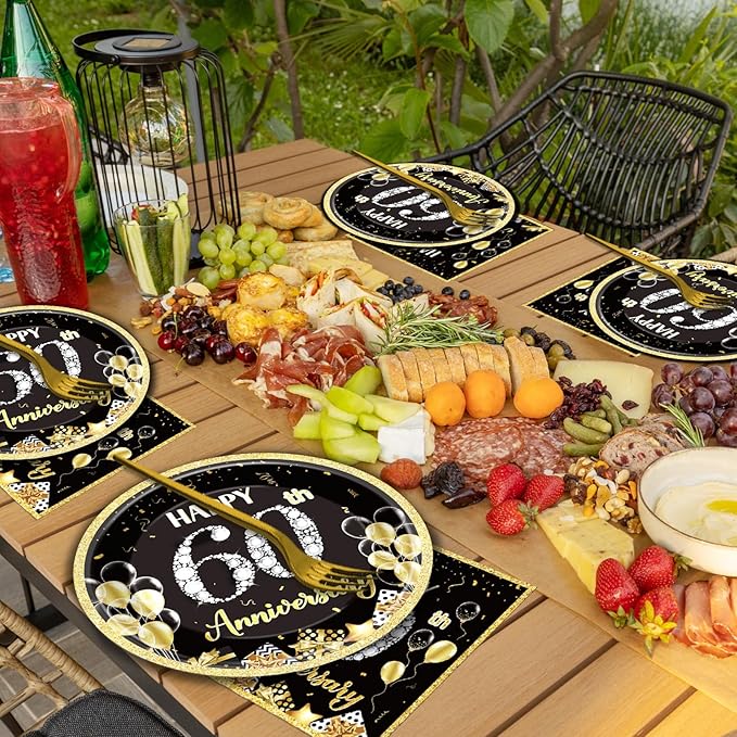 Qyeahkj 50 Guests 60th Anniversary Plates and Napkins Party Supplies 60th Wedding Party Decorations Disposable Tableware Set Dinnerware Favor for Birthday Women, 200PCS