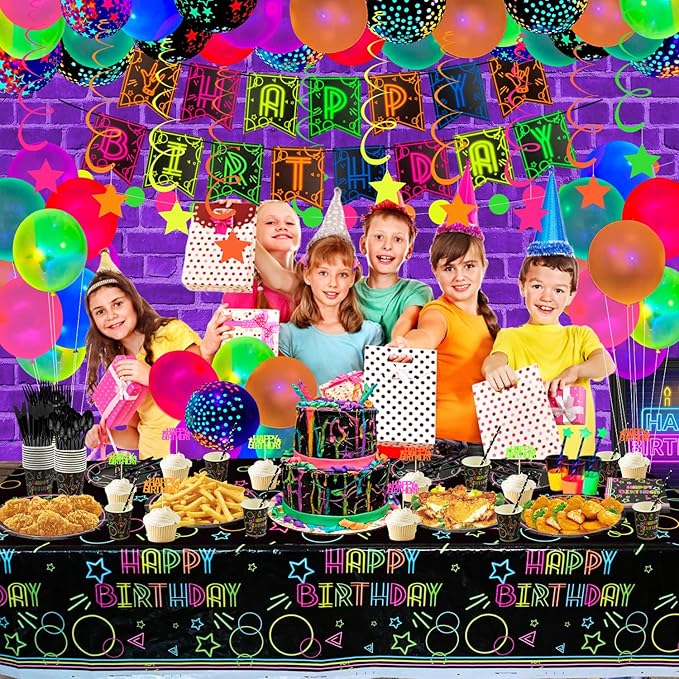 Glow Neon Party Supplies - Neon Balloon, Glow in the Dark Happy Birthday Banner, Hanging Swirls, Cake Topper, Tablecloth, Plates, Napkins, Cup for Blacklight Party Decorations, Serves 20 Guest