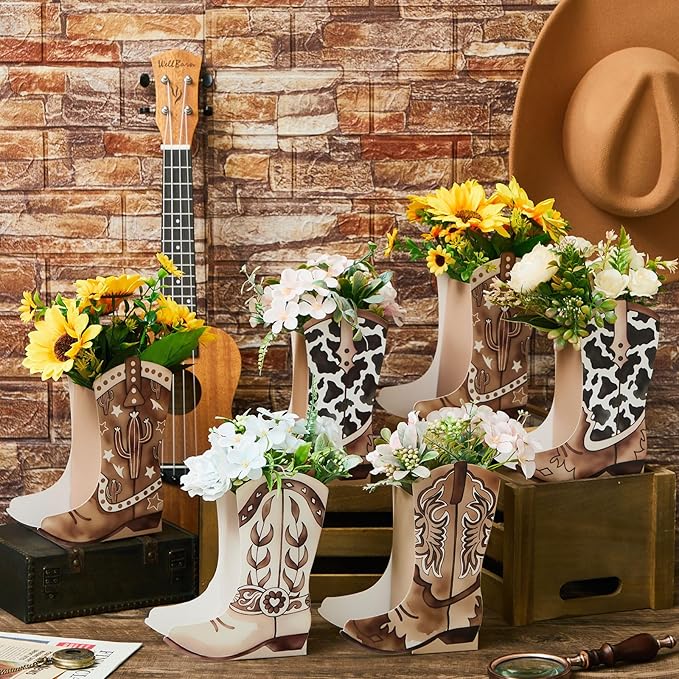 12 Set Western Boots Flower Boxes Centerpiece Boot Shape Gift Boxes Party Decoration Vase Centerpieces for Tables Boots Rodeo Birthday Baby Shower Supplies (Western,Cowboy Cow)