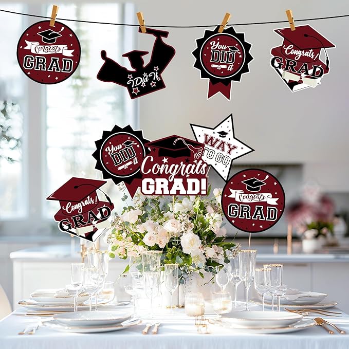 24Pcs Graduation Party Decorations Class of 2026, Graduation Centerpieces for Tables, 2026 Congrats Grad Party Centerpiece Stick Table Toppers for Graduation Party Supplies (Maroon)