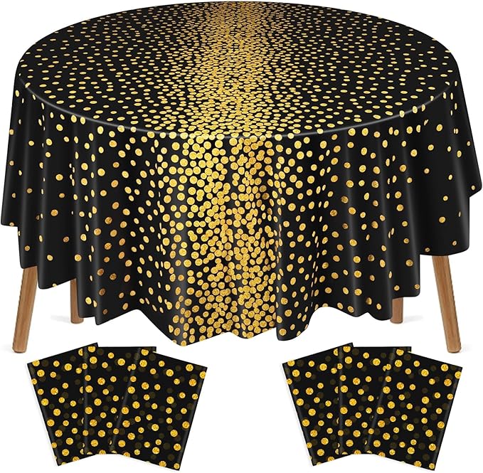 VitalCozy Round Dot Tablecloth 84 Inch Plastic Table Cover Polka Dot Confetti Tablecloths for Easter 2026 Graduation Prom Wedding Birthday Spring Party Supplies(Black and Gold,6 Pcs)