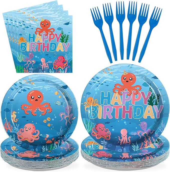 96Pcs Octopus Birthday Party Decorations Under the Sea Plates and Napkins Cute Octopus Ocean Animal Tableware Set for Cute Sea Animals Birthday Baby Shower Supplies, Serves 24