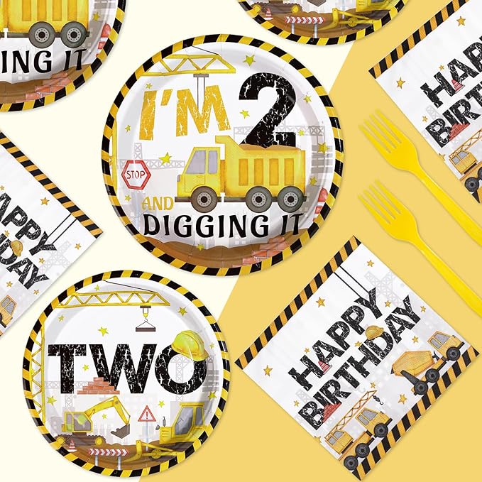 96 Pcs Construction 2nd Birthday Party Supplies Construction Truck Plates and Napkins Tableware 350GSM Excavator Birthday Decorations Favors for Boys Tractor Dump Two Years Old, Serves 24