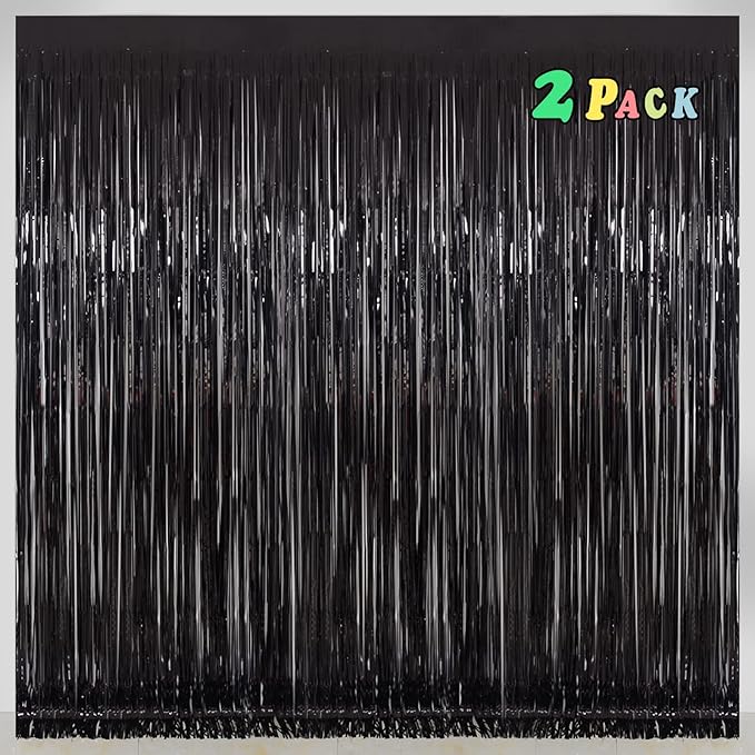 Black Tinsel Fringe Backdrop Curtains for Parties, Melsan 3.2 x 8 ft Black Streamer Photo Backdrop for Birthday, Graduations, New Year Eve Party Decor - Pack of 2