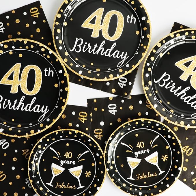 96 Pcs 40th Birthday Plates and Napkins Party Supplies Black Gold Happy Forty Theme Tableware Set 40th Birthday Decorations Favors for Men and Women Serves 24