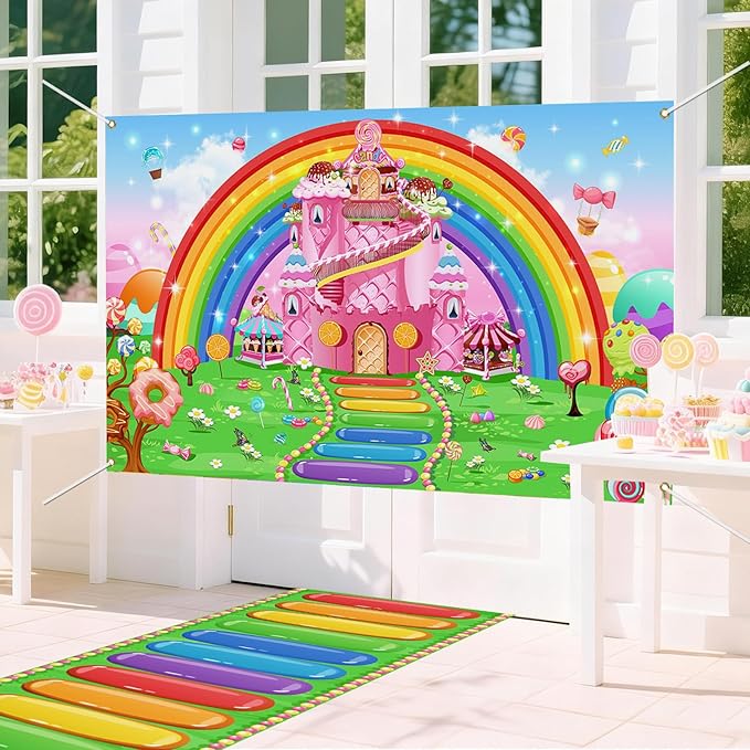 Mocsicka Candyland Party Banner Decorations 2 Pack - Candyland Castle Birthday Backdrop for Girls Birthday Lollipop Sweet Donut Theme Party Supplies (2 Pack, 70.8x43.3 inch)