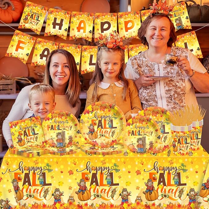 142Pcs Thanksgiving Plates and Napkins Set-Happy Fall Y'all Party Decoration Scarecrow Disposable Tableware Maple Leaves Pumpkin Harvest Thanksgiving Party Supplies