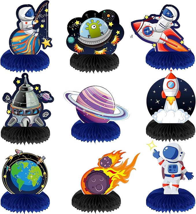 Marspark 9 Pcs Outer Space Themed Honeycomb Centerpiece Outer Space Decorations Birthday Party Table Toppers Double Sided Table Decorations Planet Rocket Astronaut Ufo Solar System Party Supplies