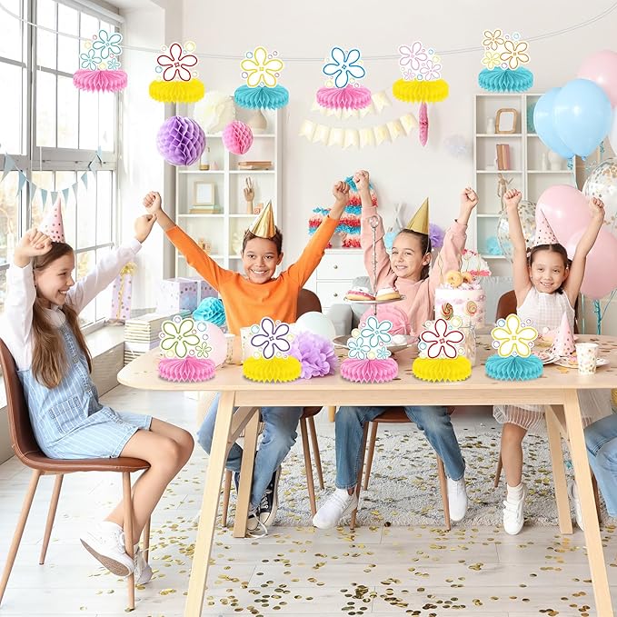12Pcs Bikini Flower Bubble Honeycomb Centerpiece for Tables Ocean Party Decoration Yellow Cartoon Honeycomb Centerpiece Table Topper for Under the Sea Baby Shower Cartoon Theme Birthday Party Supplies