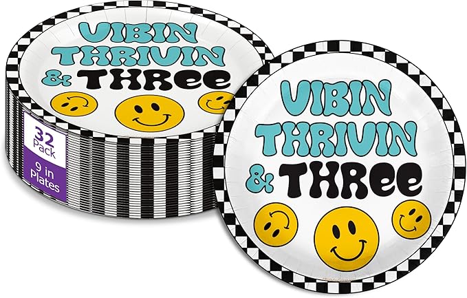 Vibin Thrivin' and Three Smiley Face Third Birthday - 32 Piece Disposable Party Supplies - Decorations for Boy's 3rd Birthday Round Party Plates - Large 9" Paper Plates In Bulk
