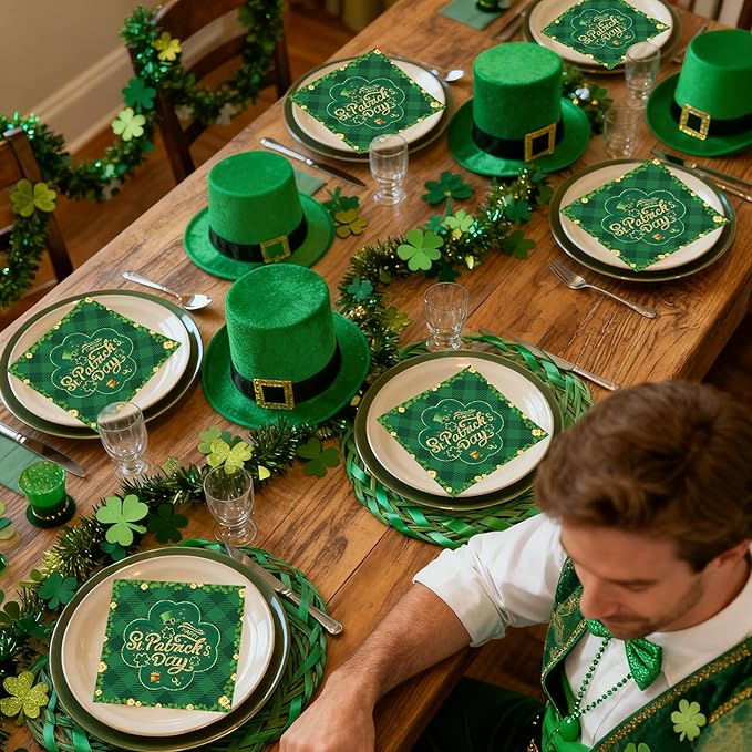 50 Pcs St Patrick's Day Shamrock Green Clover Paper Napkins, 6.5''x6.5'' Irish Green Gold Disposable Cocktail Beverage Napkins for Home Dinner Kitchen Bathroom Party Supplies