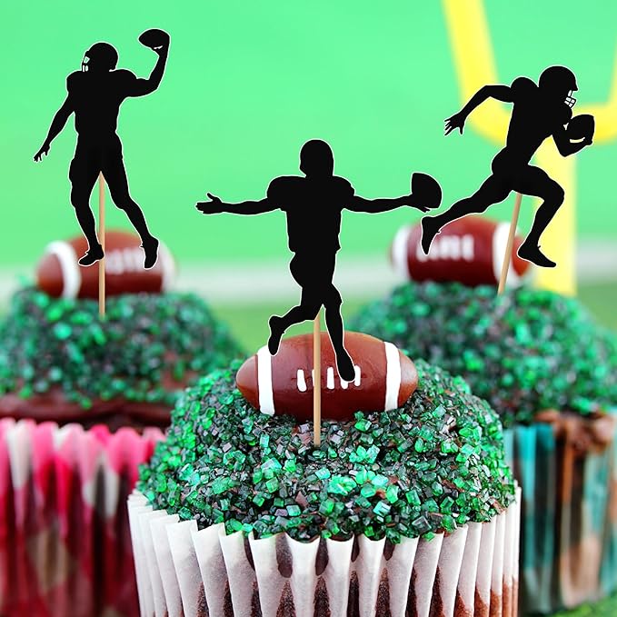 24 Pcs Football Cupcake Toppers, Disposable Foot Ball Themed Toothpicks, Touchdown Players Flagship Cake Toppers, Football Party Decorations 2026 for Sports Theme Baby Shower Party Supplies