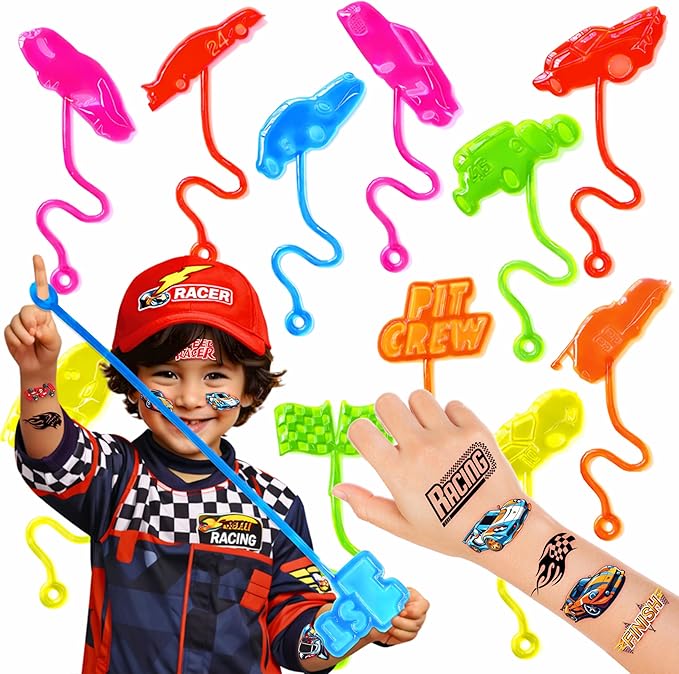 36PCS Race Car Party Favors - 24PCS Temporary Tattoos 12PCS Stick Hands Perfect Birthday Supplies for Kids Stretchy Fidget Goodie Bag Stuffers Treasure Box Toys Classroom Prizes Student Gifts