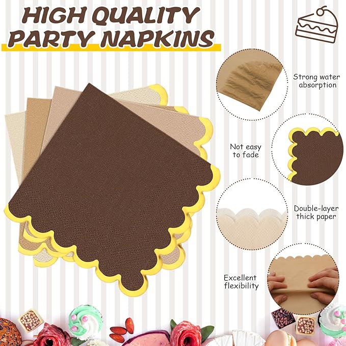 96 Pcs Brown Gold Plates Party Supplies Severs, Guests Disposable Party Decorations, 7'' and 9'' Scalloped Paper Plates, Cocktail Napkins Plastic Forks for Birthday Wedding