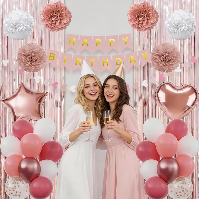 Dusty Pink Birthday Decorations for Women, Happy Birthday Party Decorations, Happy Birthday Banner, Retro Blush Pink White Rose Gold Balloons, Paper Pompoms, Heart Garland, Party Decor for Girls